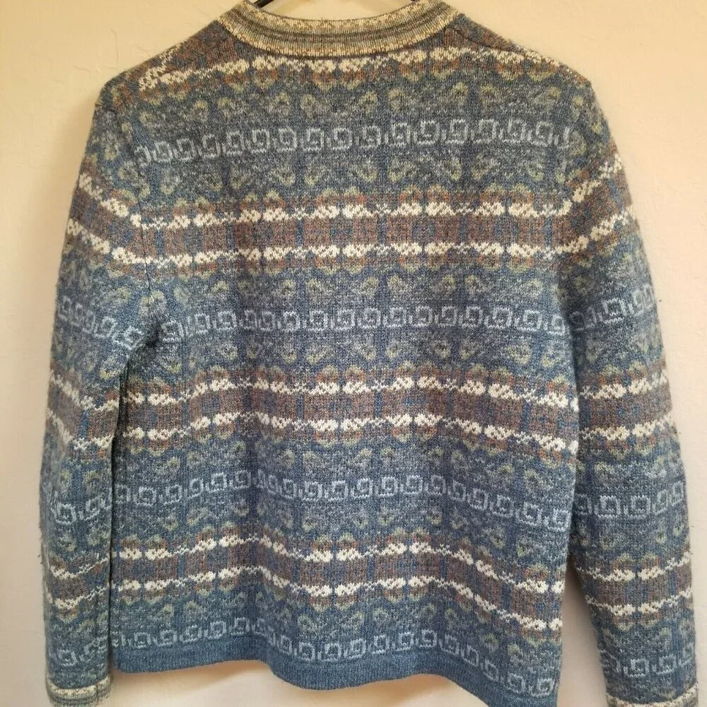 Telluride Clothing Womens XS Wool Fair Isle Cardigan Sweater Blue Chinese Button